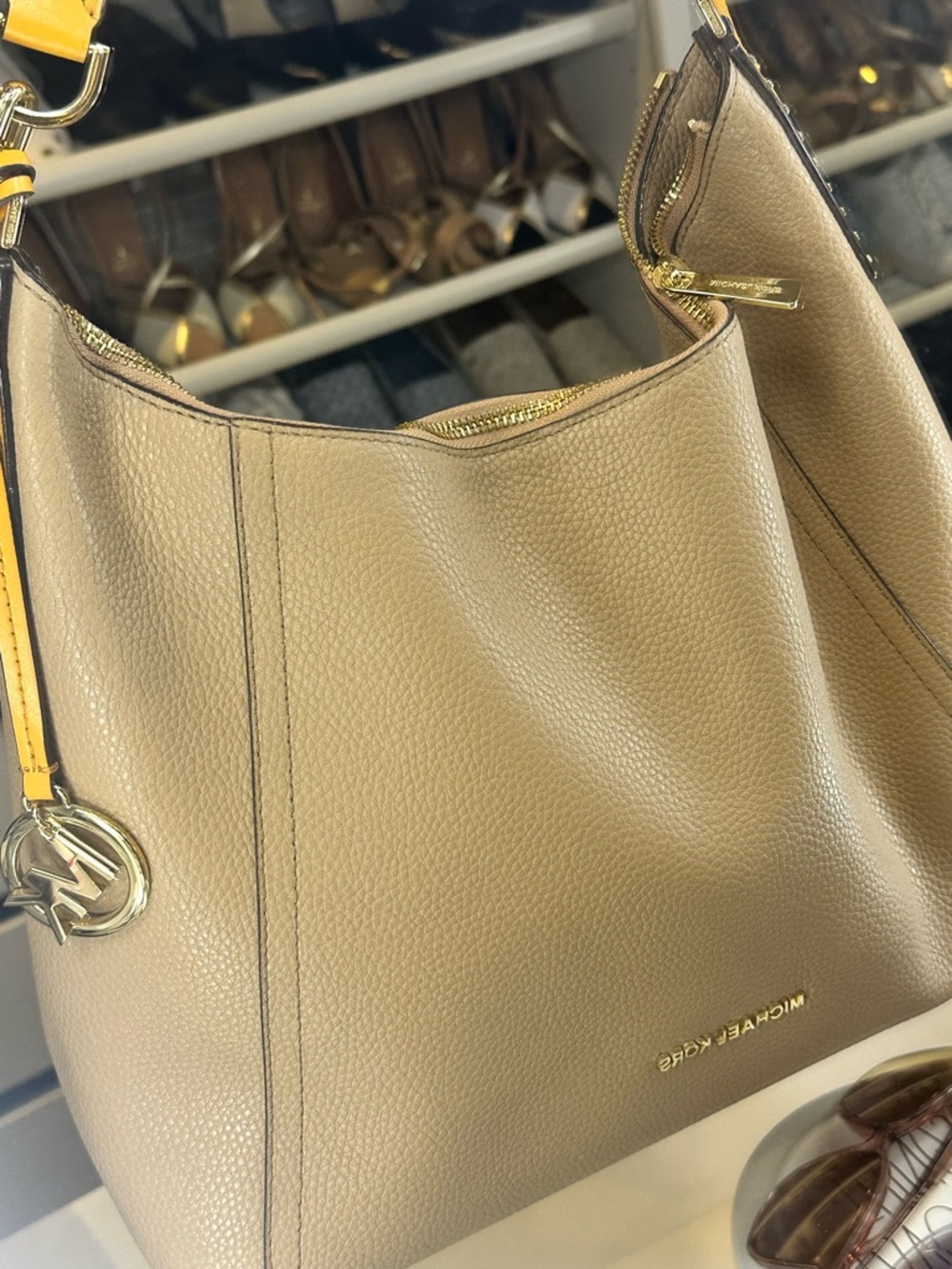 2x$80- Michael Kors Taupe Leather Shoulder Bag with yellow and Gold Accents - Picture 3 of 13